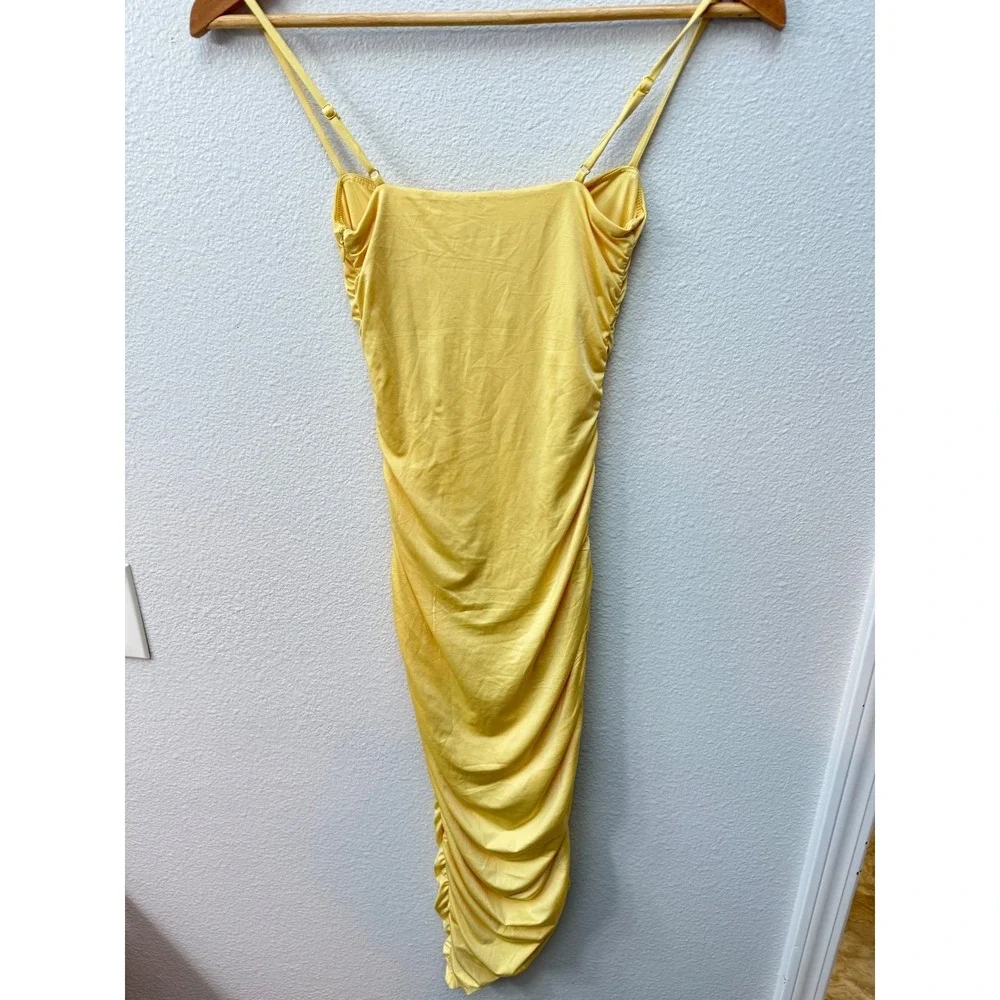 Oh Polly Anaisa Asymmetric Ruched Midi Dress Pastel Yellow XS Bodycon Sweetheart